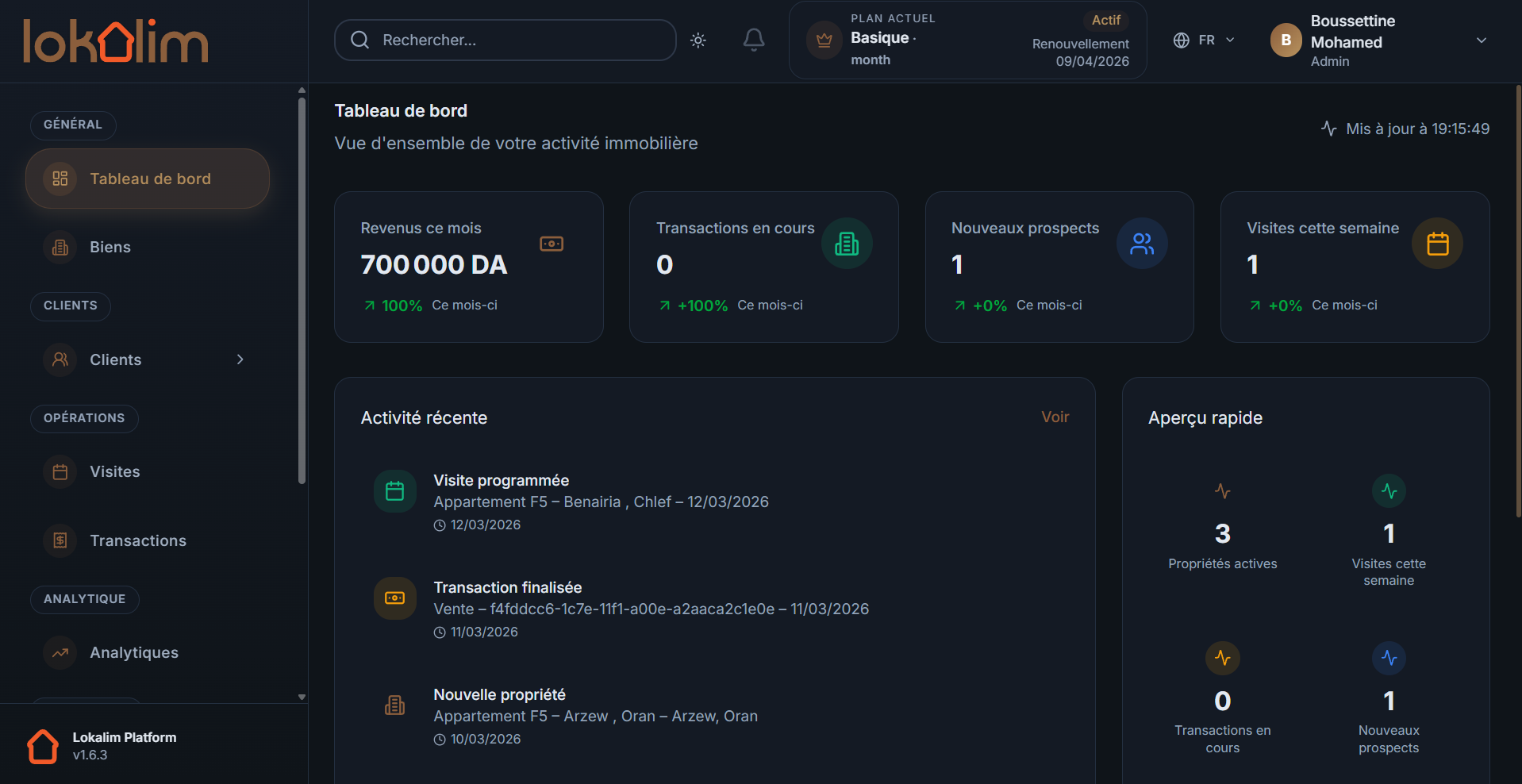 Capture d'écran de la plateforme de gestion immobilière